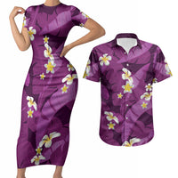 Purple Banana Leaf Hawaii Couples Matching Short Sleeve Bodycon Dress and Hawaiian Shirt Lau Maia Plumeria Tropical Summer Vibes