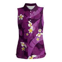 Purple Banana Leaf Hawaii Women Sleeveless Polo Shirt Lau Maia Plumeria Tropical Summer Vibes