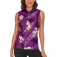 Purple Banana Leaf Hawaii Women Sleeveless Polo Shirt Lau Maia Plumeria Tropical Summer Vibes