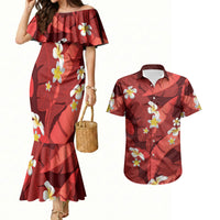 Red Banana Leaf Hawaii Couples Matching Mermaid Dress and Hawaiian Shirt Lau Maia Plumeria Tropical Summer Vibes