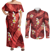 Red Banana Leaf Hawaii Couples Matching Off Shoulder Maxi Dress and Long Sleeve Button Shirt Lau Maia Plumeria Tropical Summer Vibes