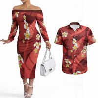 Red Banana Leaf Hawaii Couples Matching Off The Shoulder Long Sleeve Dress and Hawaiian Shirt Lau Maia Plumeria Tropical Summer Vibes