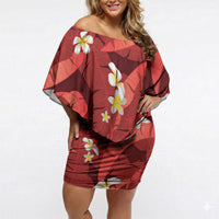 Red Banana Leaf Hawaii Off Shoulder Short Dress Lau Maia Plumeria Tropical Summer Vibes