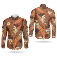 Orange Banana Leaf Hawaii Couples Matching Long Sleeve Bodycon Dress and Long Sleeve Button Shirt Lau Maia Plumeria Tropical Summer Vibes