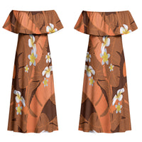 Orange Banana Leaf Hawaii Couples Matching Off Shoulder Maxi Dress and Hawaiian Shirt Lau Maia Plumeria Tropical Summer Vibes