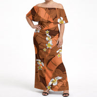 Orange Banana Leaf Hawaii Off Shoulder Maxi Dress Lau Maia Plumeria Tropical Summer Vibes