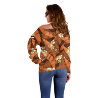 Orange Banana Leaf Hawaii Off Shoulder Sweater Lau Maia Plumeria Tropical Summer Vibes