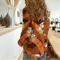 Orange Banana Leaf Hawaii Women Casual Shirt Lau Maia Plumeria Tropical Summer Vibes
