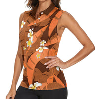 Orange Banana Leaf Hawaii Women Sleeveless Polo Shirt Lau Maia Plumeria Tropical Summer Vibes