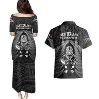 New Zealand Aotearoa Rugby Couples Matching Puletasi Dress and Hawaiian Shirt NZ Tiki With Maori Fern World Cup Black Version LT14 - Polynesian Pride