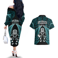 New Zealand Aotearoa Rugby Couples Matching Off The Shoulder Long Sleeve Dress and Hawaiian Shirt NZ Tiki With Maori Fern World Cup Turquoise Version LT14 - Polynesian Pride