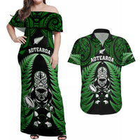 New Zealand Aotearoa Rugby Couples Matching Off Shoulder Maxi Dress and Hawaiian Shirt NZ Tiki With Maori Fern World Cup Green Version LT14 Green - Polynesian Pride