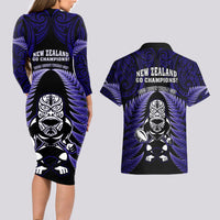 New Zealand Aotearoa Rugby Couples Matching Long Sleeve Bodycon Dress and Hawaiian Shirt NZ Tiki With Maori Fern World Cup Blue Version LT14 - Polynesian Pride