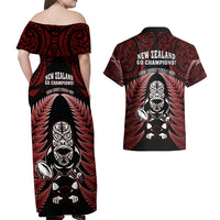 New Zealand Aotearoa Rugby Couples Matching Off Shoulder Maxi Dress and Hawaiian Shirt NZ Tiki With Maori Fern World Cup Red Version LT14 - Polynesian Pride