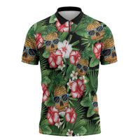Pineapple Skull Aloha Hawaii Zipper Polo Shirt Summer Vibes Tropical Seamless Pattern LT14 Black - Polynesian Pride