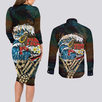Aloha Hawaii Surfing Skull Couples Matching Long Sleeve Bodycon Dress and Long Sleeve Button Shirt Shaka Skeleton Ride The Waves - Polynesian Pride