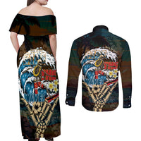 Aloha Hawaii Surfing Skull Couples Matching Off Shoulder Maxi Dress and Long Sleeve Button Shirt Shaka Skeleton Ride The Waves - Polynesian Pride