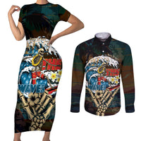 Aloha Hawaii Surfing Skull Couples Matching Short Sleeve Bodycon Dress and Long Sleeve Button Shirt Shaka Skeleton Ride The Waves - Polynesian Pride