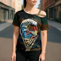 Aloha Hawaii Surfing Skull Cross Shoulder Shirt Shaka Skeleton Ride The Waves - Polynesian Pride