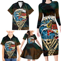 Aloha Hawaii Surfing Skull Family Matching Long Sleeve Bodycon Dress and Hawaiian Shirt Shaka Skeleton Ride The Waves - Polynesian Pride