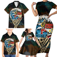 Aloha Hawaii Surfing Skull Family Matching Short Sleeve Bodycon Dress and Hawaiian Shirt Shaka Skeleton Ride The Waves - Polynesian Pride