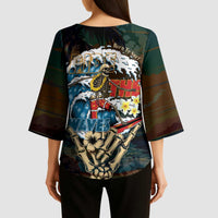 Aloha Hawaii Surfing Skull Kimono Sleeve Blouse Shaka Skeleton Ride The Waves - Polynesian Pride