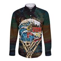Aloha Hawaii Surfing Skull Long Sleeve Button Shirt Shaka Skeleton Ride The Waves - Polynesian Pride