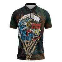 Aloha Hawaii Surfing Skull Zipper Polo Shirt Shaka Skeleton Ride The Waves - Polynesian Pride