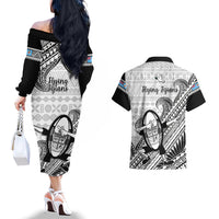 Fiji Tapa Rugby Couples Matching Off The Shoulder Long Sleeve Dress and Hawaiian Shirt Flying Fijian 2023 World Cup With Dabbing Ball LT14 - Polynesian Pride