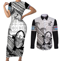 Fiji Tapa Rugby Couples Matching Short Sleeve Bodycon Dress and Long Sleeve Button Shirts Flying Fijian 2023 World Cup With Dabbing Ball LT14 White - Polynesian Pride