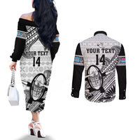 Custom Fiji Tapa Rugby Couples Matching Off The Shoulder Long Sleeve Dress and Long Sleeve Button Shirts Flying Fijian 2023 World Cup With Dabbing Ball LT14 - Polynesian Pride