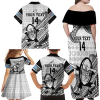 Custom Fiji Tapa Rugby Family Matching Off Shoulder Long Sleeve Dress and Hawaiian Shirt Flying Fijian 2023 World Cup With Dabbing Ball LT14 - Polynesian Pride