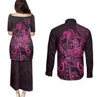 Polynesia Breast Cancer Awareness Couples Matching Puletasi Dress and Long Sleeve Button Shirts No One Fights Alone Pink Ribbon With Butterfly LT14 - Polynesian Pride