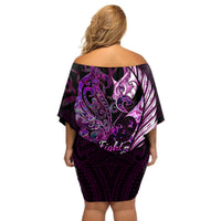 Personalised New Zealand Breast Cancer Off Shoulder Short Dress Fight Like A Girl Pink Manaia Fern With Paua Shell LT14 - Polynesian Pride