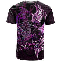 Personalised New Zealand Breast Cancer T Shirt Fight Like A Girl Pink Manaia Fern With Paua Shell LT14 - Polynesian Pride