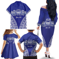 Personalised Queen Salote College Family Matching Off The Shoulder Long Sleeve Dress and Hawaiian Shirt Kolisi Fefine 100th Anniversary Kupesi Blue - Polynesian Pride