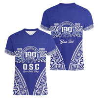 Personalised Queen Salote College Women V-Neck T-Shirt Kolisi Fefine 100th Anniversary Kupesi Blue - Polynesian Pride