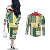 Samoa Uniting Party Couples Matching Off The Shoulder Long Sleeve Dress and Long Sleeve Button Shirt SUP Est 2025 Siapo Pattern - Polynesian Pride