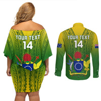 Custom Cook Islands Rugby Couples Matching Off Shoulder Short Dress and Long Sleeve Button Shirts Pacific 2023 Go The Kukis LT14 - Polynesian Pride