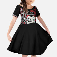 Personalised New Zealand Christmas Family Matching Off Shoulder Maxi Dress and Hawaiian Shirt Meri Kirihimete Maori Wheku - Taniko Art LT14 Daughter's Dress Black - Polynesian Pride