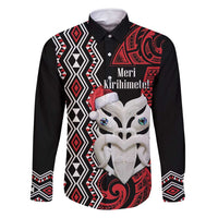 Personalised New Zealand Christmas Family Matching Off Shoulder Short Dress and Hawaiian Shirt Meri Kirihimete Maori Wheku - Taniko Art LT14 Dad's Shirt - Long Sleeve Black - Polynesian Pride