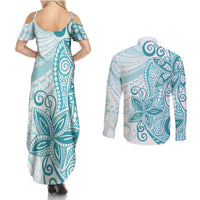Polynesia Dolphins Couples Matching Summer Maxi Dress and Long Sleeve Button Shirt Valentine Day Floral Polynesian - Vintage Dark Cyan LT14 - Polynesian Pride