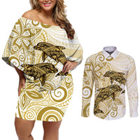 Polynesia Dolphins Couples Matching Off Shoulder Short Dress and Long Sleeve Button Shirt Valentine Day Floral Polynesian - Vintage Brown LT14 Brown - Polynesian Pride