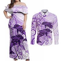 Polynesia Dolphins Couples Matching Off Shoulder Maxi Dress and Long Sleeve Button Shirt Valentine Day Floral Polynesian - Vintage Purple LT14 Purple - Polynesian Pride