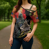 New Zealand and Australia ANZAC Day Cross Shoulder Shirt Sliver Fern Kakapo With Golden Wattle Kangaroo - Polynesian Pride