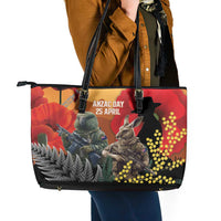 New Zealand and Australia ANZAC Day Leather Tote Bag Sliver Fern Kakapo With Golden Wattle Kangaroo