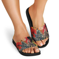New Zealand and Australia ANZAC Day Slide Sandals Sliver Fern Kakapo With Golden Wattle Kangaroo - Polynesian Pride