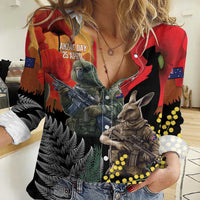 New Zealand and Australia ANZAC Day Women Casual Shirt Sliver Fern Kakapo With Golden Wattle Kangaroo LT14 Female Gold - Polynesian Pride
