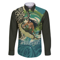 Aotearoa Tangaroa Atua Family Matching Puletasi and Hawaiian Shirt New Zealand God Of The Ocean LT14 Dad's Shirt - Long Sleeve Cyan - Polynesian Pride