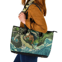 Aotearoa Tangaroa Atua Leather Tote Bag New Zealand God Of The Ocean LT14 Cyan - Polynesian Pride